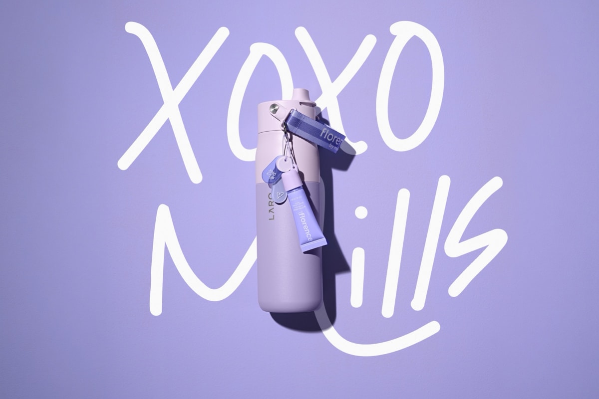 The LARQ x florence by mills bottle and charms over Millie&rsquo;s handwritten &ldquo;XOXO Mills&rdquo;